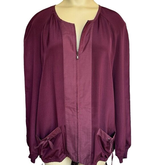 St. John Silk Jacket Size M Burgundy Long‎ Sleeve Front Pockets Full Zip - Picture 1 of 12